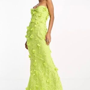 ASOS DESIGN bandeau broderie maxi dress with floral corsage detail in lime green